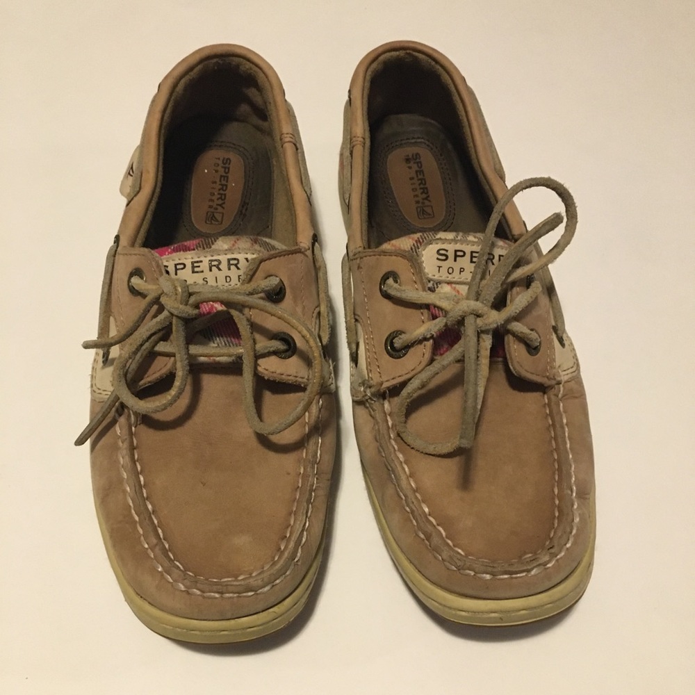 Tan Sperry Top-Sider Shoe with Pink Plaid Accents